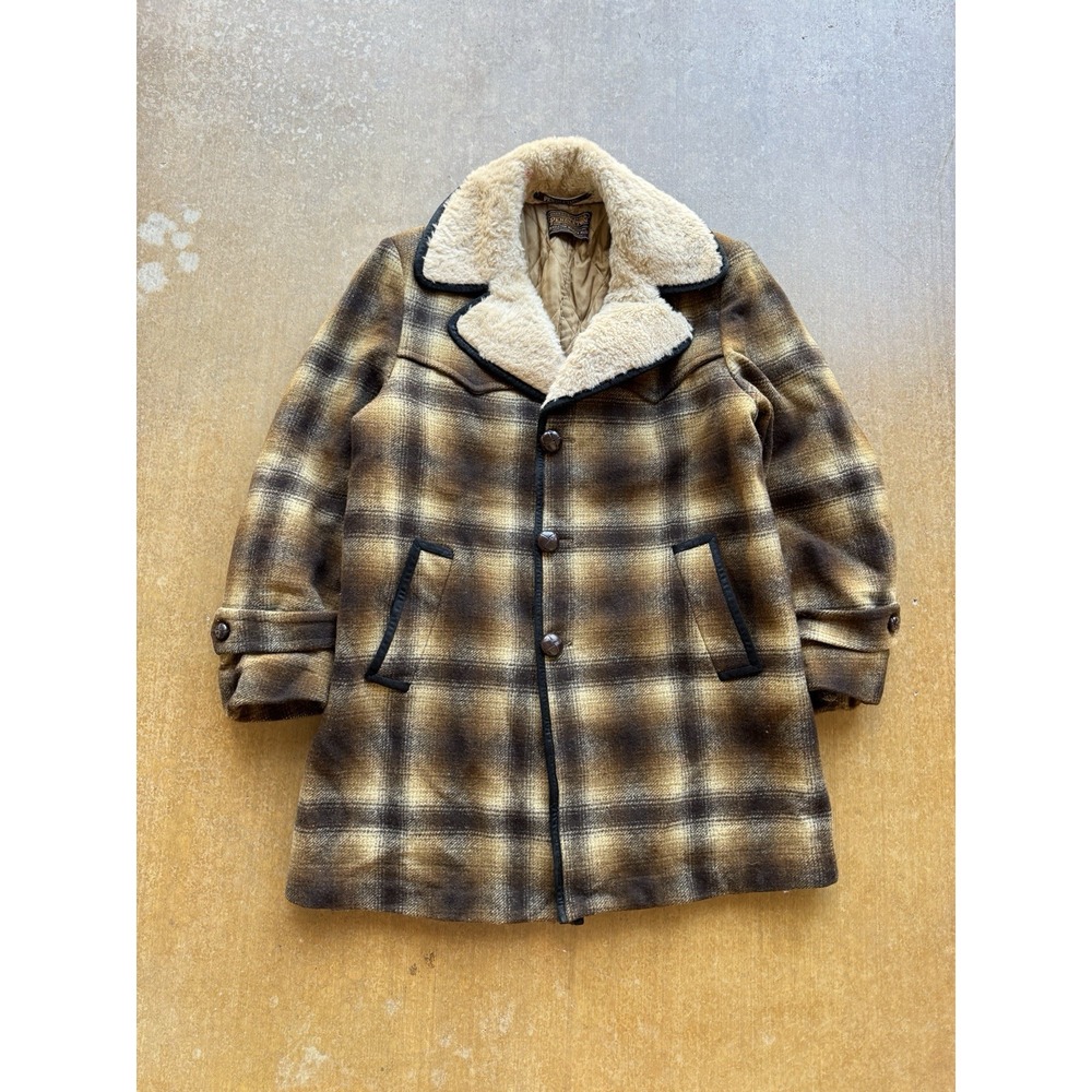 VTG 70s Pendleton High Grade Faux Shearling Shadow Plaid Wool Heavy Coat XL